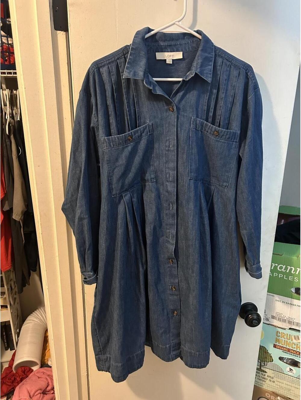LOFT blue denim mini dress with button-up front and pockets, size L